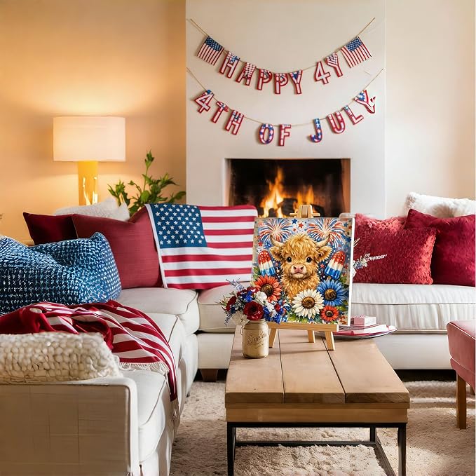 Gemozaic 4th of July Framed Paint by Numbers Kit for Adults and Kids 8-12, Patriotic Highland Cow Paint by Number Kits for Adult for Independence Day Gift, Home, Office, Wall Decor, 8 x 8 Inch