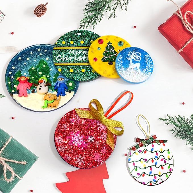 Juome Christmas Ornaments Resin Molds Silicone, Christmas Molds for Epoxy | 4 Pcs Round Shape Pendant Christmas Molds for Epoxy Resin, DIY Crafts Keychain Making Christmas Tree Decorations