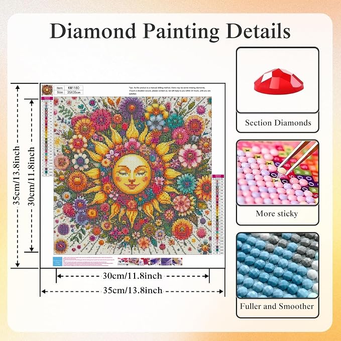 CHWGLFGG 5D Sun Face Diamond Art Kits for Adults Beginners 13.8x13.8 Inch | Vintage Floral Mandala Diamond Painting Kit, DIY Full Round Drill Paint by Diamonds Dot Gem Art for Adult, Home Wall Decor