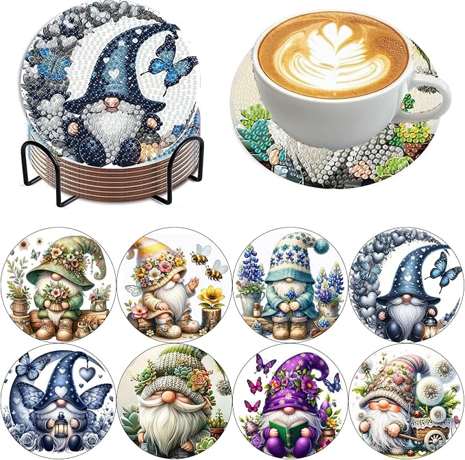 8 Pack Diamond Art Coasters Kits - Gnomes Diamond Painting Coasters Kits