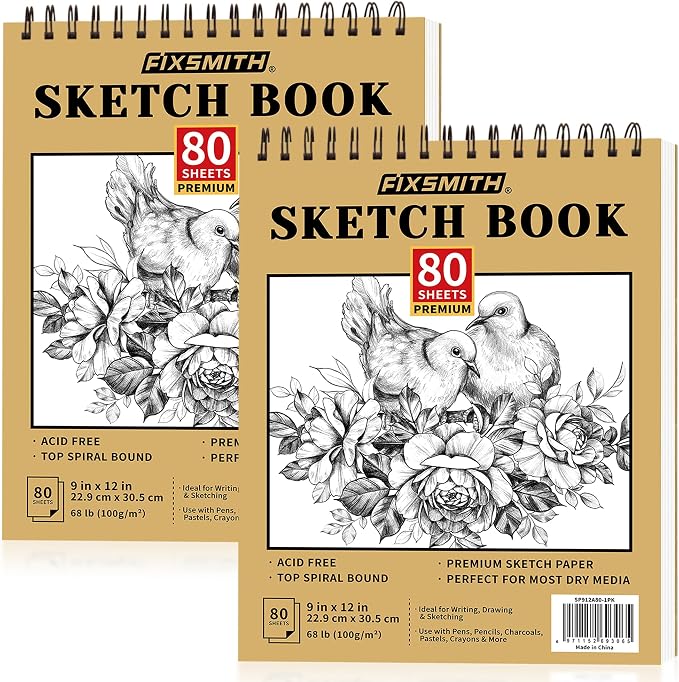 FIXSMITH 9"X12" Sketch Book, 100 Sheets, 68 lb/100gsm Sketchbook, 2 Pack | Acid Free Drawing Paper | Top Bound Artist Sketch Pad | for Kids, Beginners, Artists & Professionals | Bright White