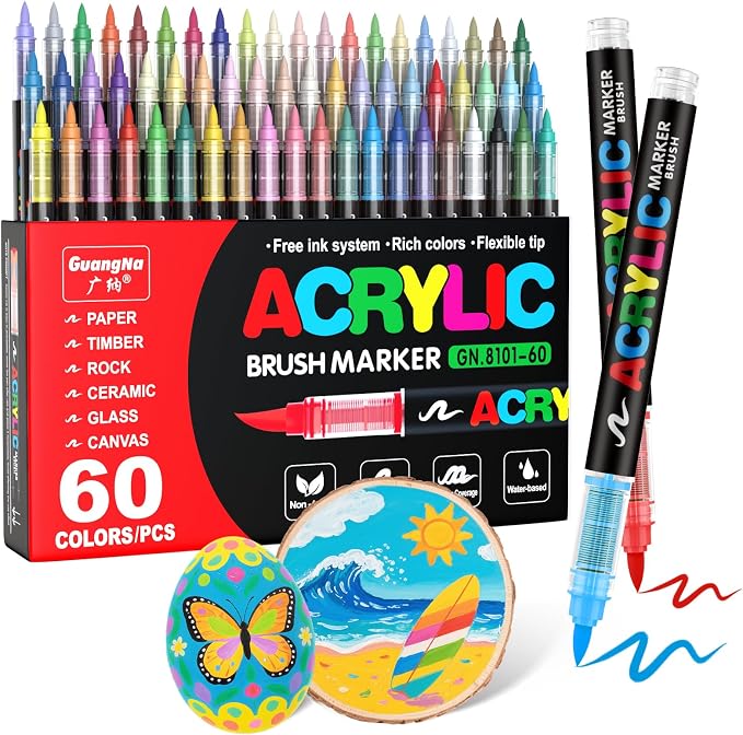 Guangna Acrylic Paint Markers Brush Tip, 60 Vivid Colors with Direct-Liquid Ink Control System, Professional-Grade Paint Pen for Rock Painting, Canvas, Glass, Plastic, Fabric & Creative Crafts