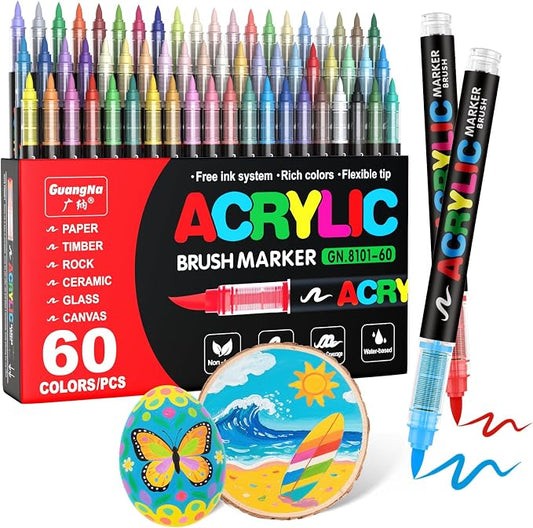 Guangna Acrylic Paint Markers Brush Tip, 60 Vivid Colors with Direct-Liquid Ink Control System, Professional-Grade Paint Pen for Rock Painting, Canvas, Glass, Plastic, Fabric & Creative Crafts