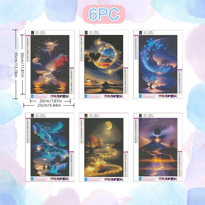 6 Pack Landscape Diamond Art Kits for Adults,5D Diamond Painting Sets | Moon DIY Full Drill Round Gem Painting for Adult Beginners Diamond Art ,Home Wall Decor 9.8x13.8 Inch