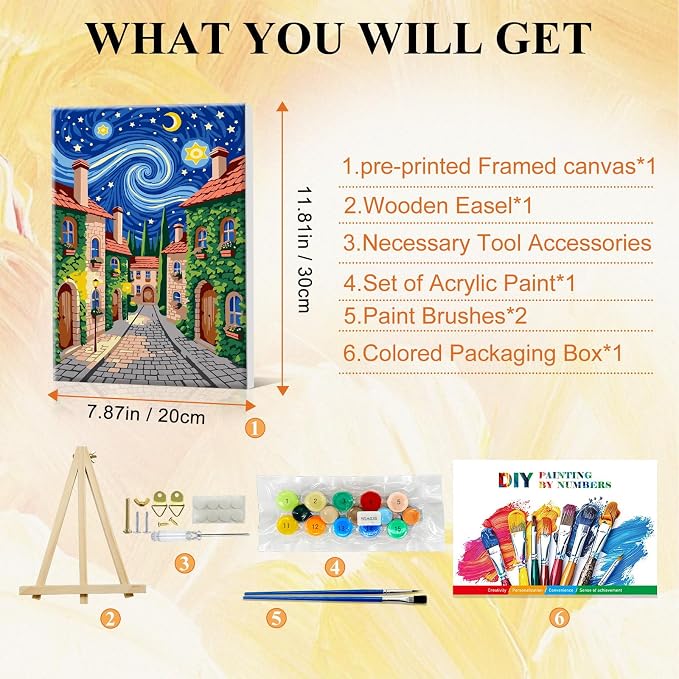 SparkGlow Starry Night Framed Paint by Number Kits for Adults, 8×12 Inch | Landscape Painting by Number, Include Easel, Premium Canvas, Number Painting for Gift, Home Decor, Relaxing and Enjoyable