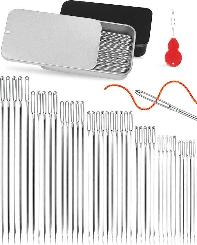 FIVEIZERO 80 PCS Large Eye Sewing Needles, Two 7 Sizes Sewing Sharp Needles, Leather Needle Embroidery Thread Needle, Stainless Steel Yarn Knitting Needles with Threaders for Handsewing Art Crafts