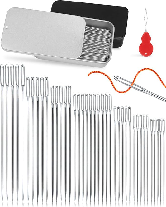 FIVEIZERO 80 PCS Large Eye Sewing Needles, Two 7 Sizes Sewing Sharp Needles, Leather Needle Embroidery Thread Needle, Stainless Steel Yarn Knitting Needles with Threaders for Handsewing Art Crafts