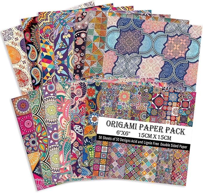 Origami Paper 50 Sheets, 6-Inch Square Double Sided Colored Craft Paper | 70GSM colorful paper,50 Vivid Pattern Origami Kit,DIY Hand Crafts,Arts Creativity,Easy to Fold,No-Fading.Ethnic Style