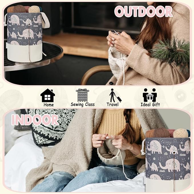Yarn Bag, Large Crochet Bag Organizer, Drawstring Yarn Storage Knitting Bags, Portable Mini Yarn Holder for Crocheting Project, Skein Ball, Needles Accessories (Elephant Grey, Extra Large)