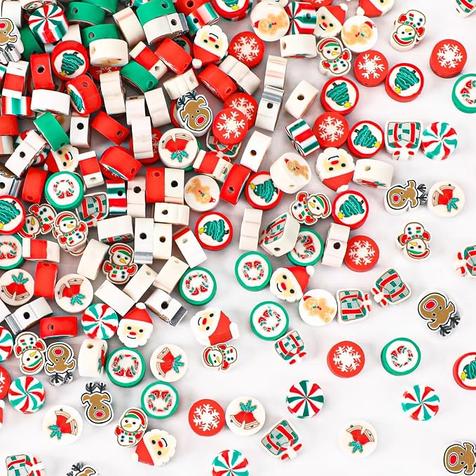 Augshy Christmas Polymer Clay Beads, 300PCS Xmas Heishi Spacer Assorted Santa Claus Snowflakes Snowman Gingerbread Man for Bracelet Necklace Jewelry Making