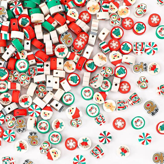 Augshy Christmas Polymer Clay Beads, 300PCS Xmas Heishi Spacer Assorted Santa Claus Snowflakes Snowman Gingerbread Man for Bracelet Necklace Jewelry Making
