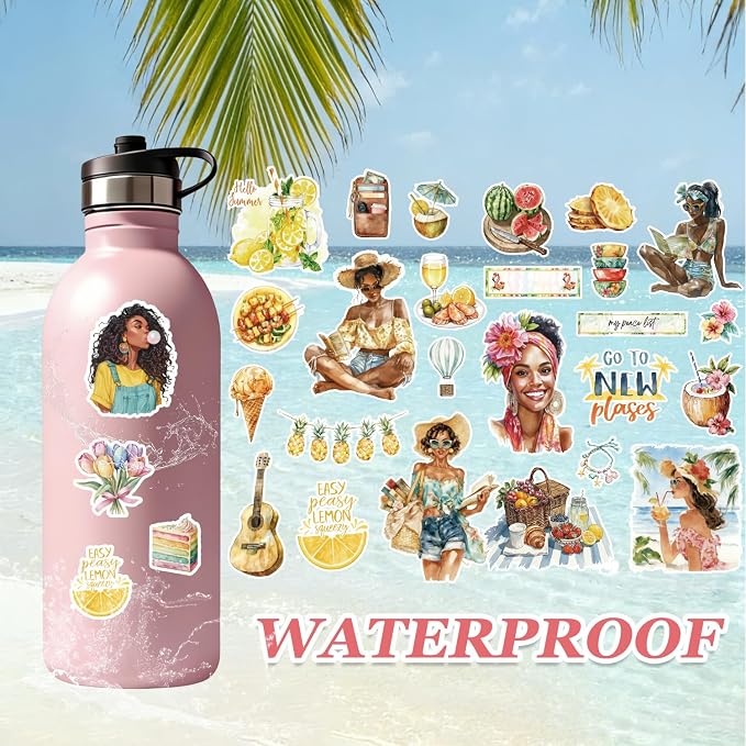 Black Girl Sticker Book of Four Seasons - 24 Pages Hand Drawn Waterproof Vinyl Stickers for Journals, Planners, Scrapbooking, Laptop & Water Bottles - Melanin Power Aesthetics Gift Ideas for Women