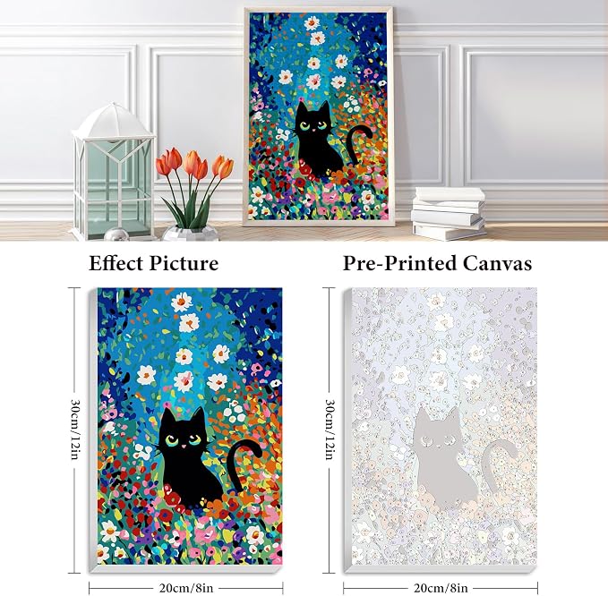 Framed Paint by Numbers Kit for Adults Beginner 8x12 IN, Flowers Cat