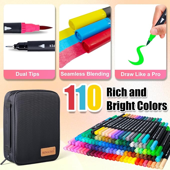 Art Supplier Dual Brush Markers Pens, 110 Artist Coloring Marker Set | Fineliner & Brush Tip Pen with Premium Case, Double Tip Pens for Adults Coloring Books & Journal, Drawing, Doodling