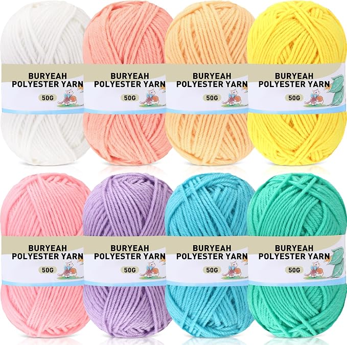 Buryeah Pastel Rainbow 8 Packs Crochet Yarn Knitting Bundle Beginner Acrylic Thread Fluffy Hand Tube Polyester Yarn Needles Bulky Kit Variety Pack 726 Yards for Weaving Crafts DIY Project Beginner