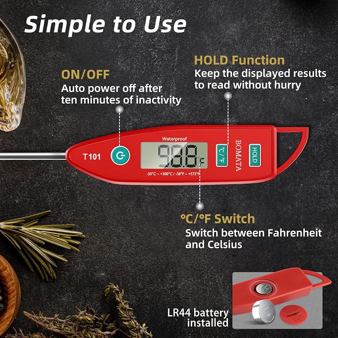 BOMATA Digital Water Thermometer for Liquid, Meat, Cooking, IPX7 Waterproof | Instant Read Food Thermometer, 5in Long Probe for Candle, Water, Meat, BBQ! T101 (Red Color)…