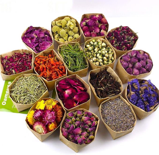 16 Bags Set Dried Flowers Artisan Dried Flower Kit - Candle Making Soap Making DIY Candel Flowers-,Lavender,Roseleaf,Pink Rose,Jasmine,Petal and More