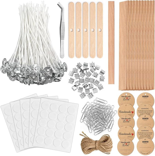 Candle Wicks for Candle Making Kit Supplies, 130 Pcs with 100 Cotton & 30 Crackling Wood Wicks for Soy Beeswax Candles, Holders & Stickers, Handmade Gifts Set (4 inch)