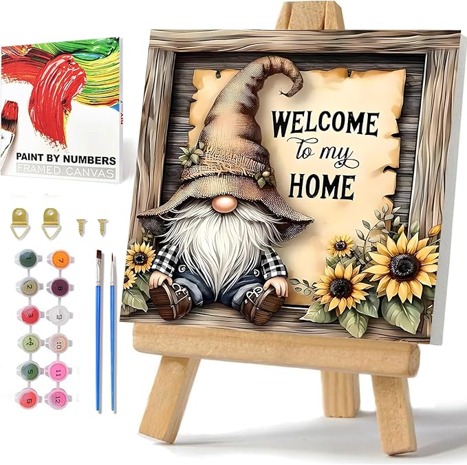 Gnome Paint by Numbers Kit for Adults Beginner, Paint by Numbers 10x10 Inch | Framed Paint by Numbers Kit for Adults Beginner with Easel, Acrylic Painting by Numbers, DIY Crafts for Gifts or Home Decor