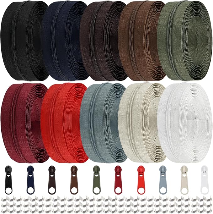 DOITEM 31 Yards 10 PCS Sewing Zippers #3 Nylon Coil Zippers Assorted Zipper for Sewing with 40 Zipper Sliders for DIY Tailor Sewing Crafts Supplies, 10 Colors