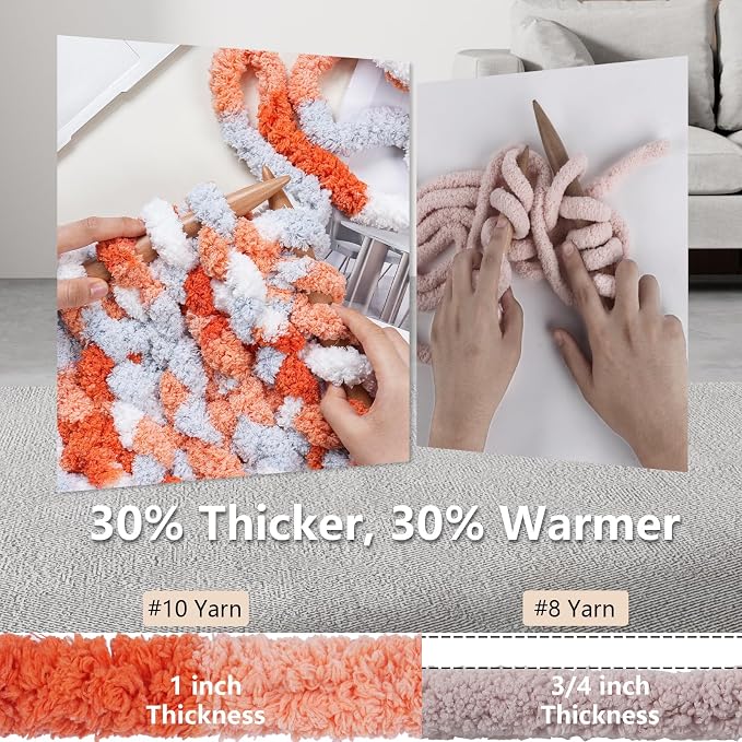 Cozyful Chunky Yarn for Hand Knitting - #10 Chunky Chenille Blanket Yarn, Jumbo Big Thick Chunky Yarns for Crocheting, Tie Dye Bulky Knit Yarns, 8 Skein (20 yds 8 oz Each Skein), Multi Orange&Grey