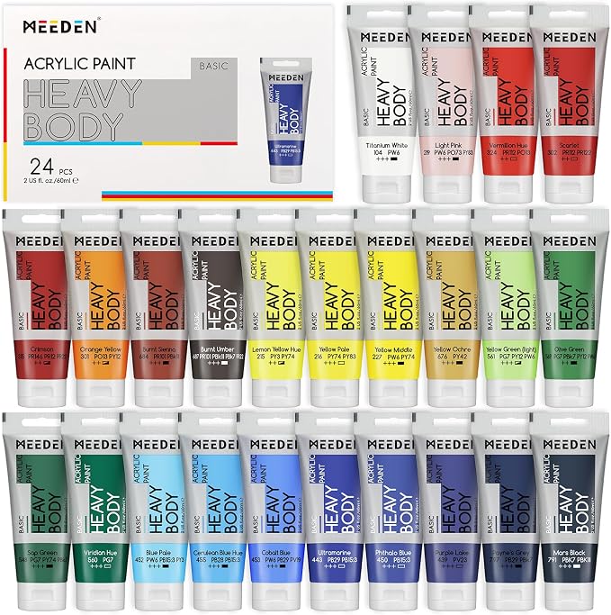 MEEDEN Heavy Body Acrylic Paint: Satin Finish 24 x 60ml (2 oz) Tubes Set | Basic Paint Color Set for Adults, Rich Pigment Art Craft Paints for Canvas Clay Wood Painting