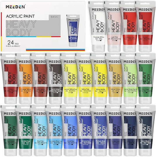 MEEDEN Heavy Body Acrylic Paint: Satin Finish 24 x 60ml (2 oz) Tubes Set | Basic Paint Color Set for Adults, Rich Pigment Art Craft Paints for Canvas Clay Wood Painting