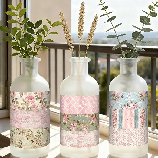 12 Rolls Floral Washi Tape Set,Vintage Pink,Rose | Watercolor Flowers Design for Scrapbook Journal DIY Craft School Supplies, 15 mm Vintage Decorative Masking Washi Tapes