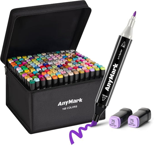 AnyMark Alcohol Markers, 168 Colors Dual Tip Art Coloring Markers Set | Alcohol Based Markers for Adult Book Drawing Sketching Painting, Chisel & Fine, Black Penholder