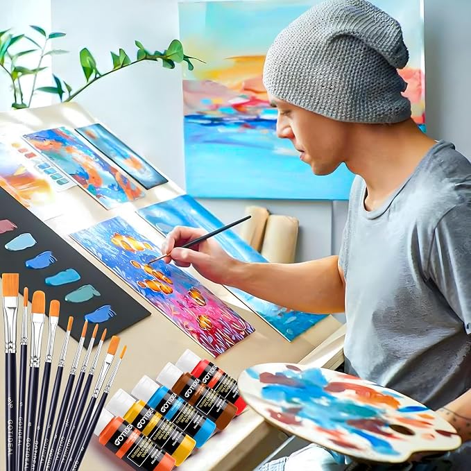 GOTIDEAL Acrylic Paint Set, 24 Colors (59ml, 2 oz), with Paint Brushes | Art Craft Paint for Adults and Kids, Perfect for Artist, Beginner, Ideal for Wood, Canvas, Rocks, Outdoor Painting Supplies