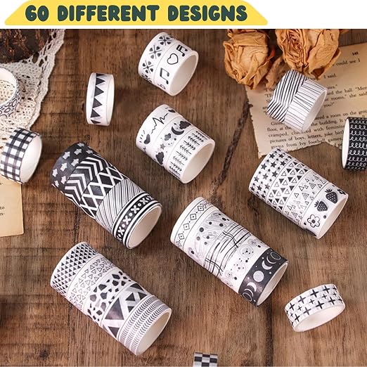 Washi Tape Set, 60 Rolls Decorative Masking Tape Bulk for Scrapbooking | Black White Bullet Journal, DIY Arts and Crafts, Planner, Gift Wrapping, Gothic Aesthetic Grid Geometric Patterns