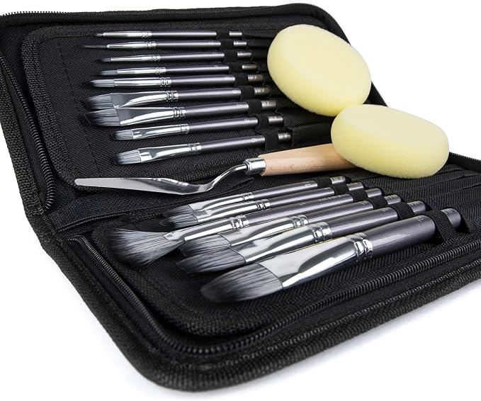 18 Piece Paint Brush Set, ARTIFY 15 Acrylic Paint Brushes, Palette Knife, and 2 Sponges, Professional Artist Paint Brushes for Acrylics, Watercolors, Gouache, Canvas, and Face Painting, Grey