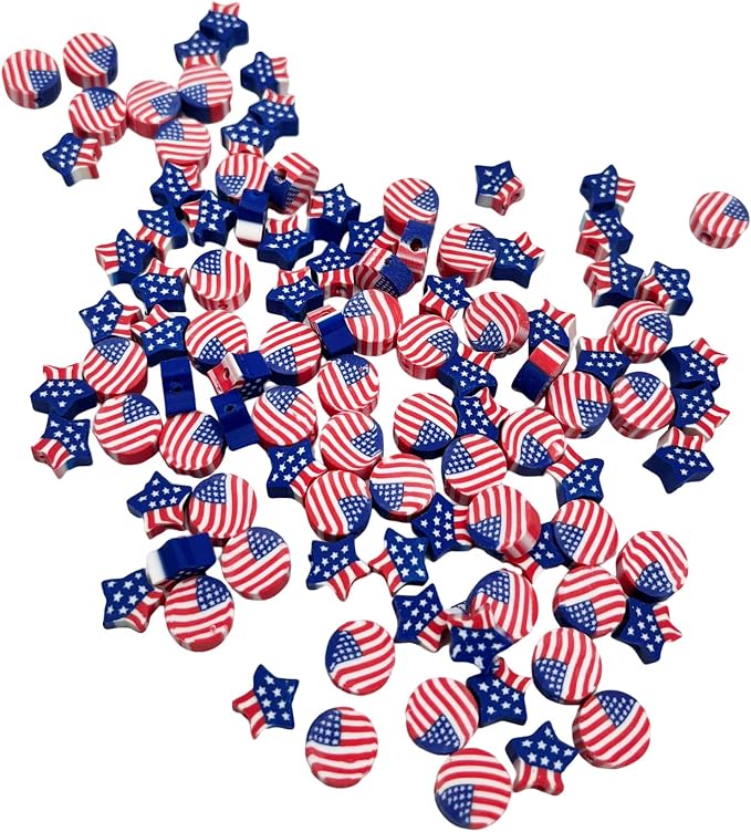 100 Pcs Patriotic Polymer Clay Beads 4th of July Mixed Heishi Spacer Beads Supplies for DIY Bracelet Earring Necklace Jewelry Making (American Flag)