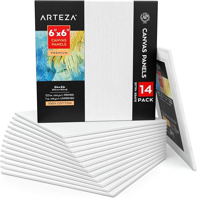 ARTEZA Canvas Panels for Painting, 14 x 6 x 6 Inches, 100% Cotton, Gesso-Primed, Lightweight, Nontoxic, Acid-Free, for Adults and Teens, Oil and Acrylic Painting, Pack of 14