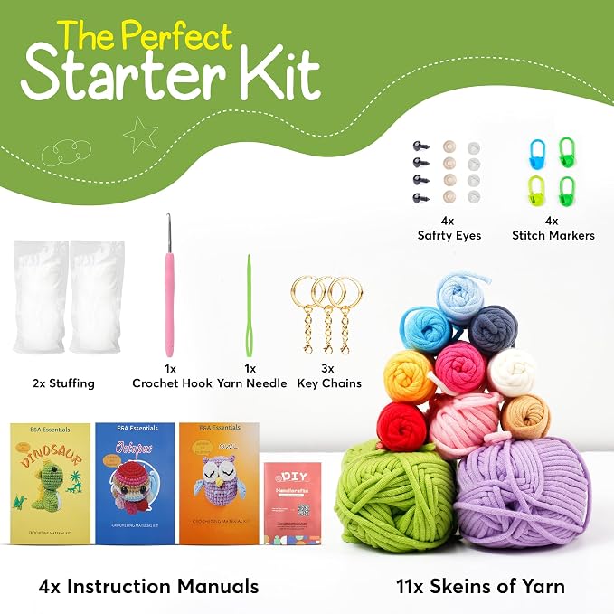 Crochet Kit for Beginners, Crochet Animal Kit with Video Tutorials & Soft Yarn, Craft Kits for Teens & Adults: Penguin, Dinosaur & Octopus Amigurumi Crochet Kit, Easy Knitting Kit, Crafts Crochet Kits