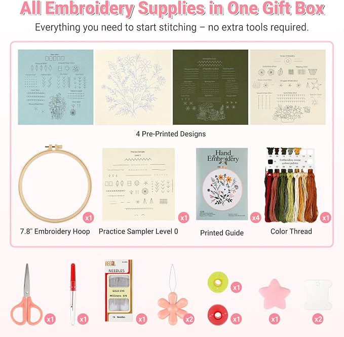 ZenHues Embroidery Kit for Beginners Adults with Level 0 Practice Sampler, 5 Pre-Printed Patterns & Video Tutorials with 7.8" Hoop, Learn 30+ Stitches, DIY Needlework Craft Gift for Women