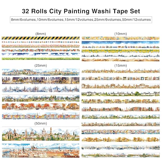 32 Rolls Vintage Washi Tape Set, European Cityscapes with Architectures & Scenery, Writable Decorative Tapes for Scrapbooking, Junk Journal Bullet Journal Supplies 8-50mm Wide, Artistic Adhesive Tape