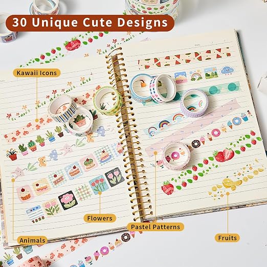 Kwaii Washi Tape 30 Rolls, Decorative Masking Tape for Junk Journal, Scrapbooking Supplies, DIY Crafting Supplies