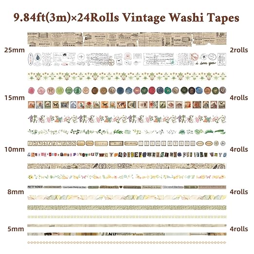 Vintage Washi Tape Set 24 Rolls,Decorative Masking Tape for Junk Journal,Scrapbooking Supplies,DIY Crafting Supplies
