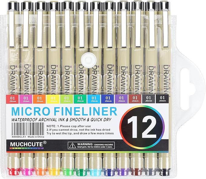 Muchcute 01 Micro Fineliner Drawing Art Pen,12 Colors 0.25mm No Bleed Bible | Waterproof Colored Fine liner Smooth Extra Fine Point, Journal Zentangle Study Supplies, Ultra Line Needle Tip Thin Gel Felt