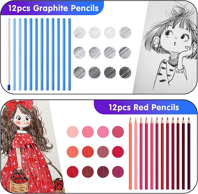 Professional Drawing Set,12 Colored Pencils,12 Graphite Pencils,Eraser,Case | Portable Travel Colored Pencil Case,Sketching Shading Blending Art Supplies,Gifts for Artists Adults Beginners.Red Black