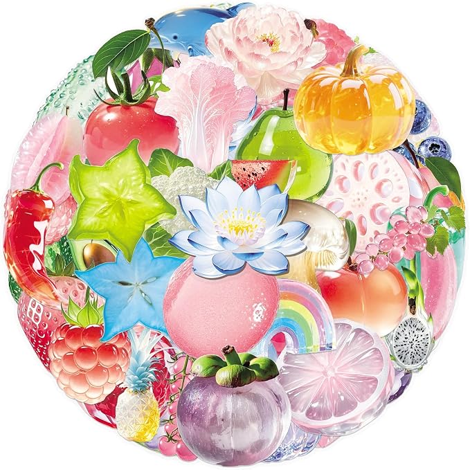 Fruit Stickers Pack 50 PCS, Jelly Aesthetic Waterproof Die-Cut Glossy Crystal Sticker Set for Water Bottles Laptop Luggage Skateboard, Scrapbook Journal Phone Case Notebook (colours-F16)