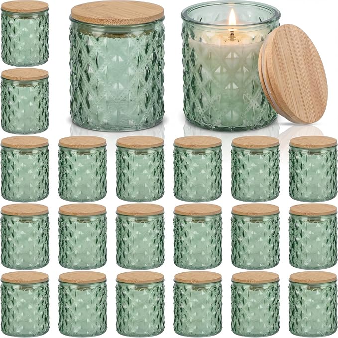 Acellegic 20 Pack Green Candle Jars for Making Candles 7 oz Empty Glass Jars with Bamboo Lids Cylindrical Candle Containers Bulk for DIY, Table Decor, Wedding Party