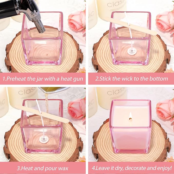 CONNOO 12 Pack 9oz & 3oz Pink Glass Square Candle Jars with Bamboo Lids