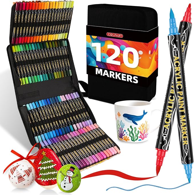 colpart 120 Colors Acrylic Paint Markers,Dual Tip Acrylic Paint Pens,Brush Tip and Fine Tip Markers For Rock Painting,Easter Decorations,Plastic,Easter Eggs,Canvas And Diy Crafts Art Supplies