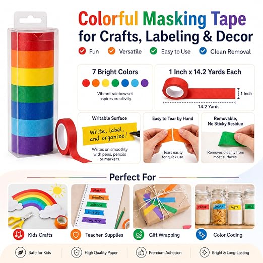 Colored Masking Tape 1 Inch, 7 Rolls, Colorful Tape for Crafts.