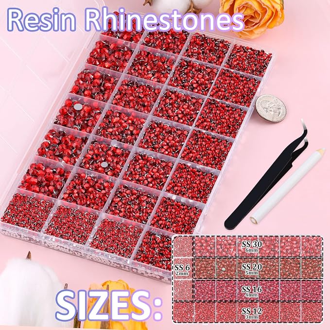 30000Pcs Resin Rhinestones for Bedazzling with Tweezers, Red Rhinestones for Crafting with 3Pcs 10ml B7000 Jewelry Glue for DIY Crafts Clothing Tumblers Shoes Fabric Nail Art