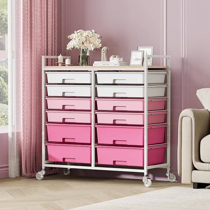 TOOLF 12 Drawers Rolling Storage Cart with Wooden Top for Classroom,Pink | Teacher Cart Craft Art Supply Organizer, Utility Cart with Lockable Wheels for Home Household Essentials, Office Organization