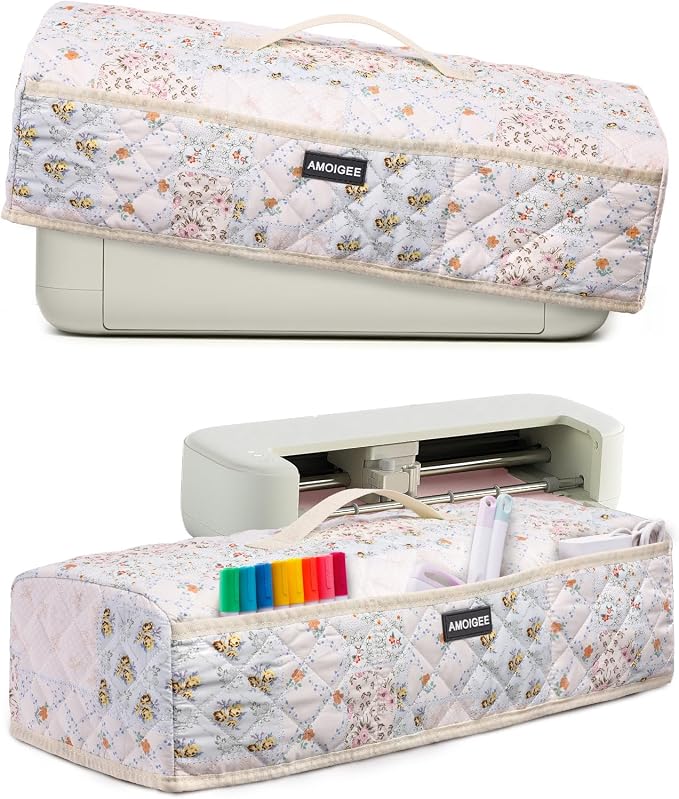 AMOIGEE Dust Cover for Latest Cutting Machine Cricuttt Explore 5, Quilted Protective Cover with Storage Pockets for Cutting Machine, Floral Fabric Anti-Dust Cover for Craft Machine Organizer