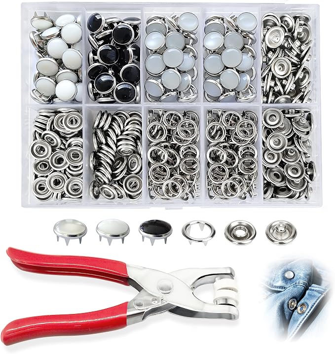 GOLDDUO 9.5mm Pearl Snap Fasteners Kit with Pliers, 100 Sets (400 Pcs) No-Sew Press Studs in 3 Assorted Colors for Baby Clothes, Sewing & DIY Fabric Crafts